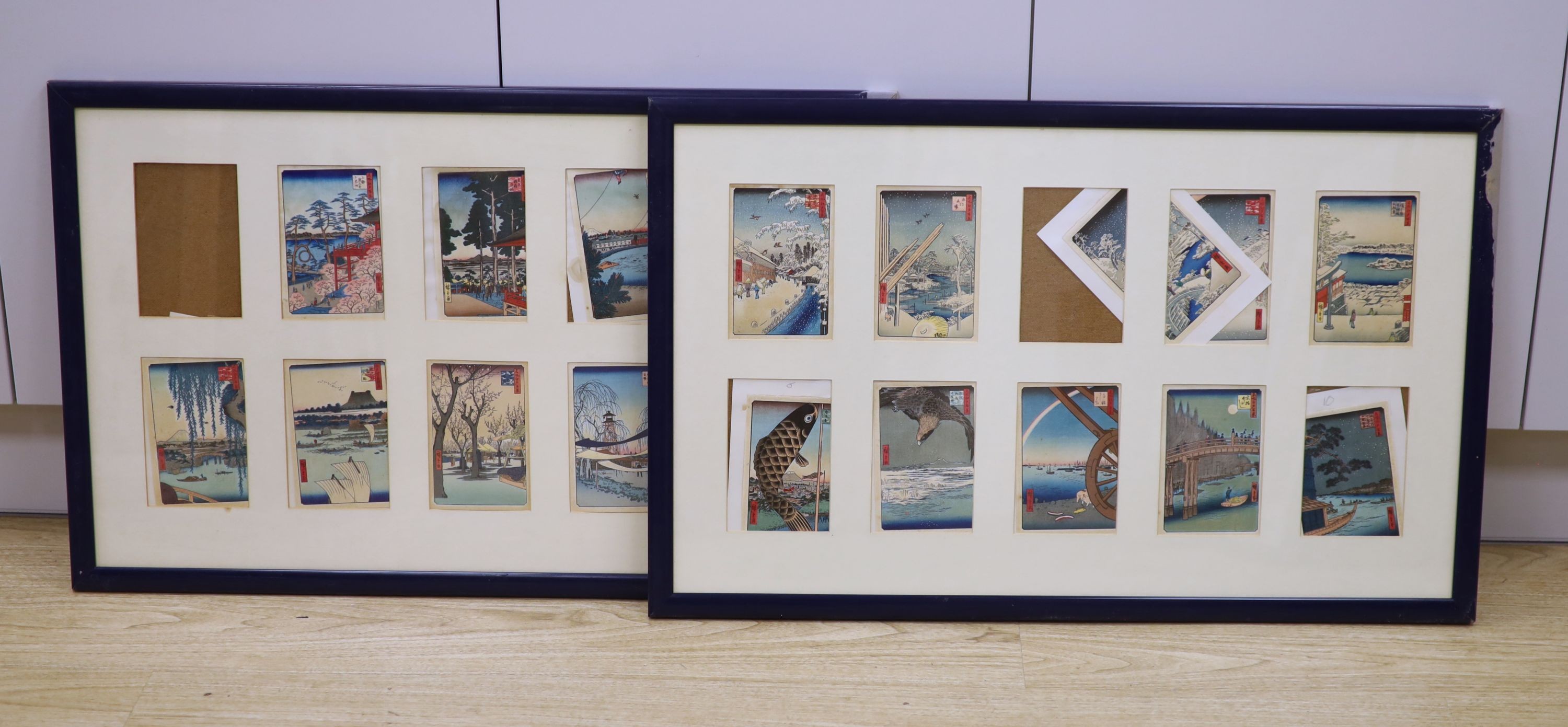 Hiroshige, set of twenty woodblock prints, Scenes from views along the Tokaido Road, 15 x 10cm, framed as two